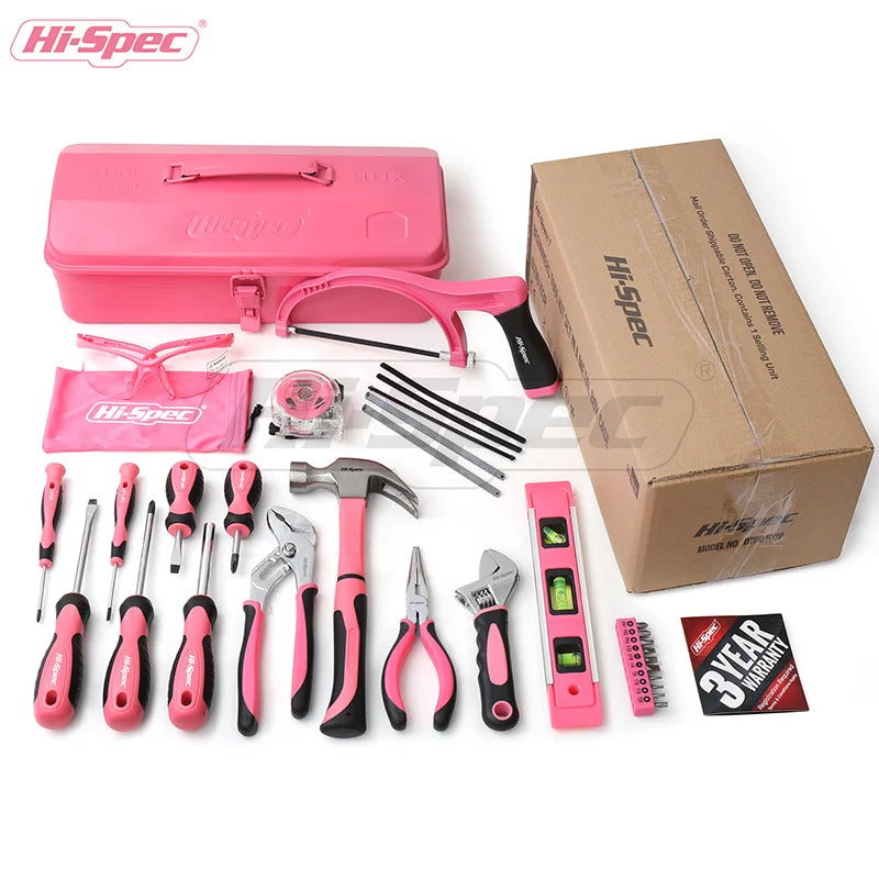 Hi-Spec Lady Household Repair Tool Set 30pc Manual Tools Woodworking Hand Tools With Screwdriver Plier In Pink Metal Tool Box