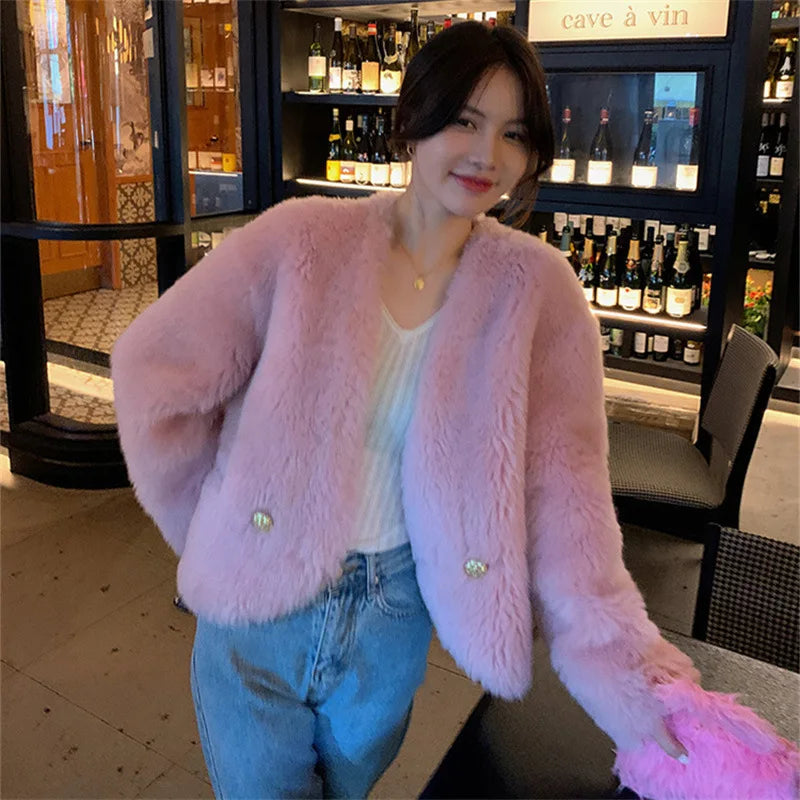 Tuscan Fur True Lamb Wool Sheep Trimmed Fleece Fur Coat