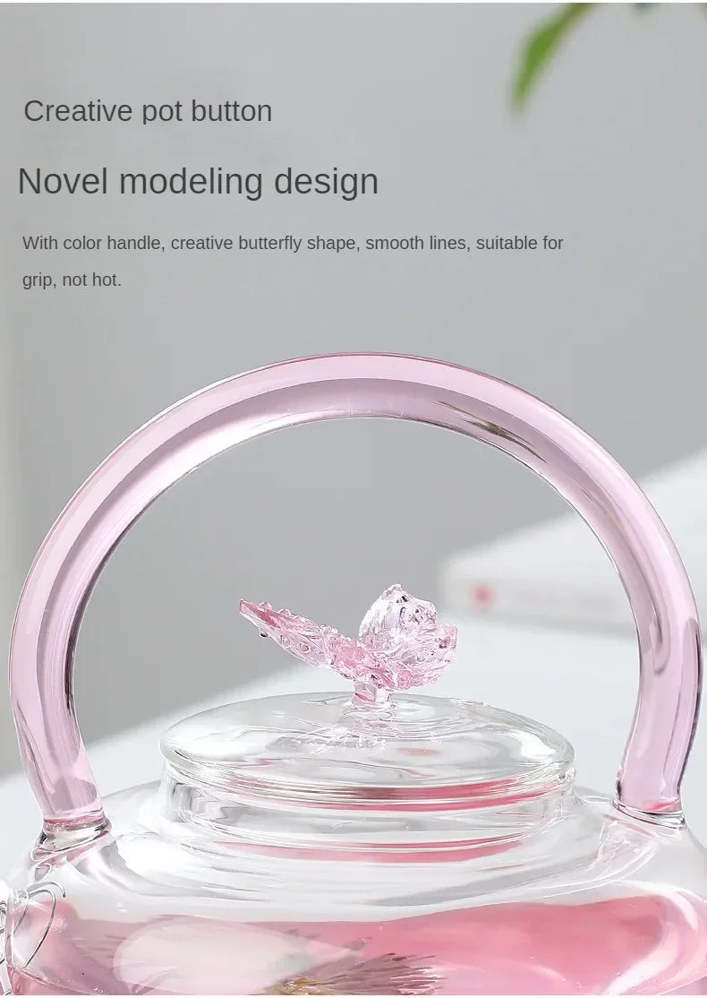 Tea Pot Pink Butterfly High Borosilicate Transparent Glass Beam Pot Clay Stove Tea Kettle Tea Cup