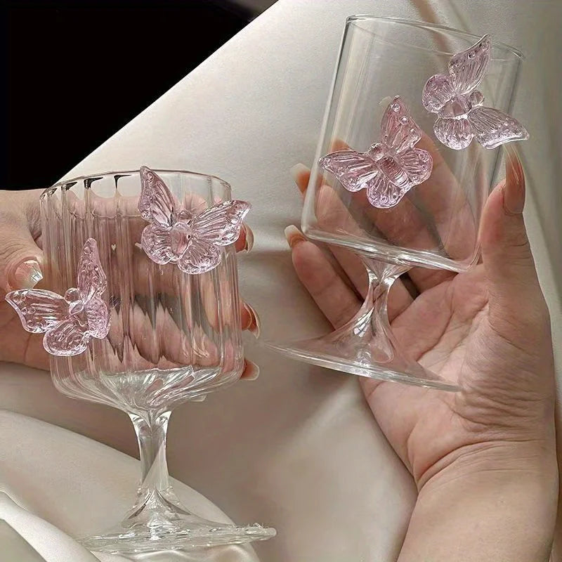 Pink Butterfly-Shaped Glass Goblet for Women,Cute Champagne Water Glass Home Wine Glass, Juice Ideal Holiday Gift Perfect Cup