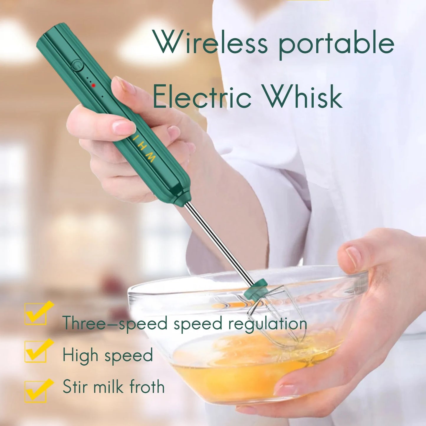 USB Rechargeable Electric Whisk Egg Beater Handheld Coffee Blender Household Milk Shaker Mixer Frother Foamer Green