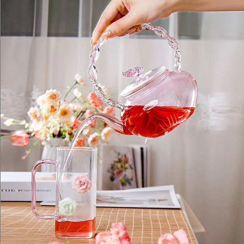 Tea Pot Pink Butterfly High Borosilicate Transparent Glass Beam Pot Clay Stove Tea Kettle Tea Cup