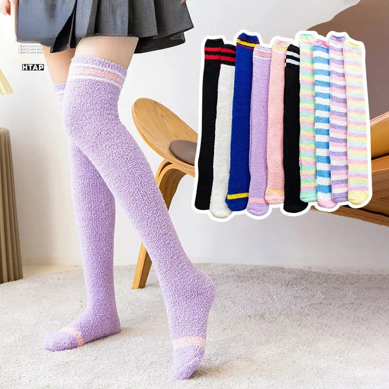 Winter Stockings Leg Warmers Coral Fleece Knee Scoks Thick Warm Socks Furry Leg Warmers Women‘s Thigh High Sock