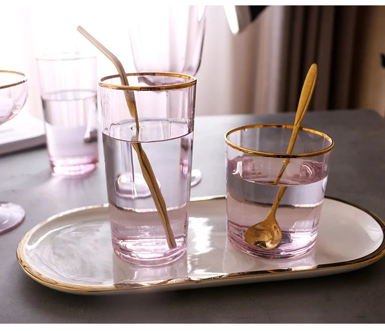 Nordic Creative Pink Cocktail Glass Lead-Free Crystal Home Champagne Wine Glasses Set Goblet Juice Water Cup Golden Edge Kettle
