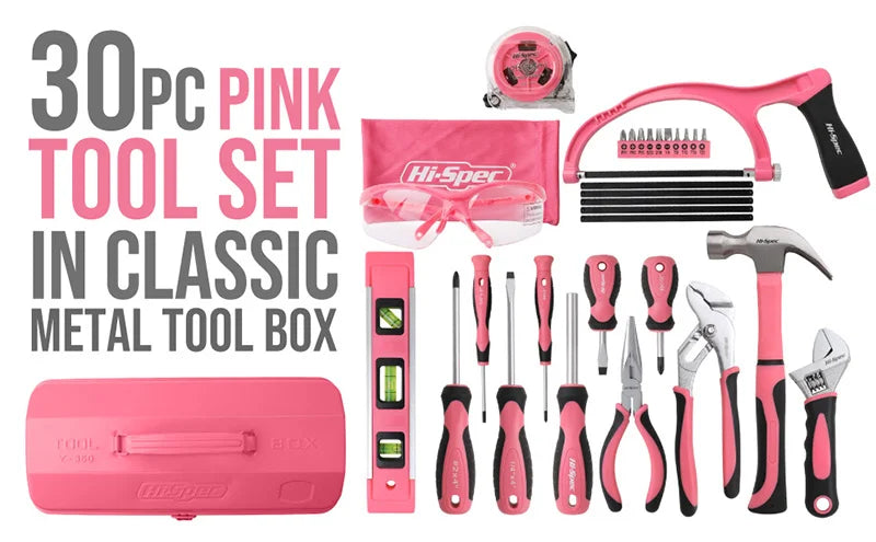 Hi-Spec Lady Household Repair Tool Set 30pc Manual Tools Woodworking Hand Tools With Screwdriver Plier In Pink Metal Tool Box