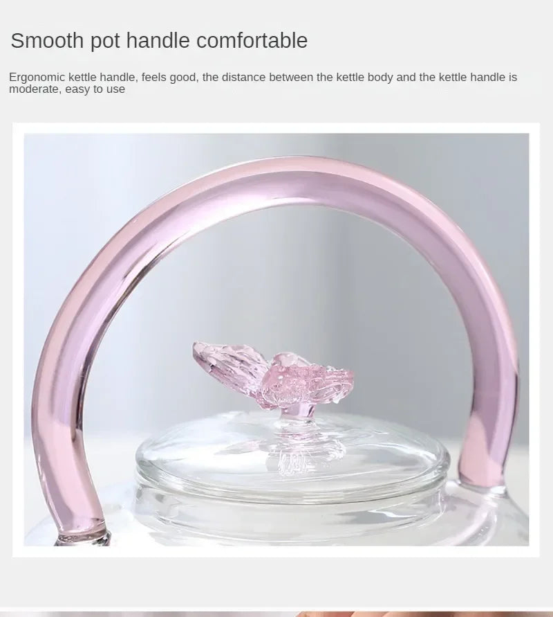 Tea Pot Pink Butterfly High Borosilicate Transparent Glass Beam Pot Clay Stove Tea Kettle Tea Cup