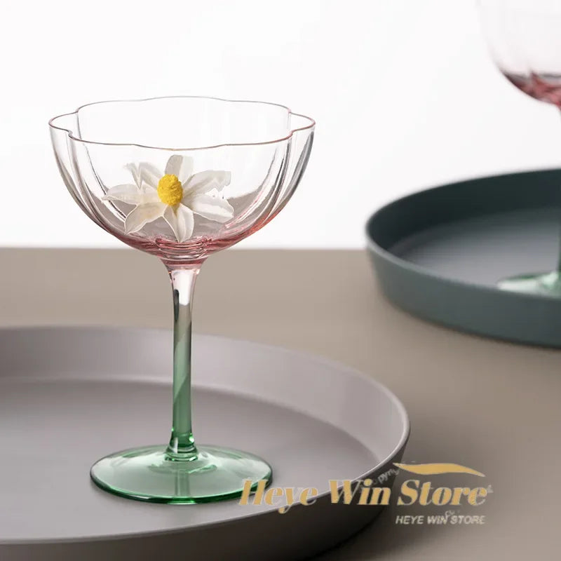 French Floral Cocktail Glass Household Luxury Retro Flower Red Wine Goblet Crystal Glass Pink Green Champagne Cup Cocktail Cup