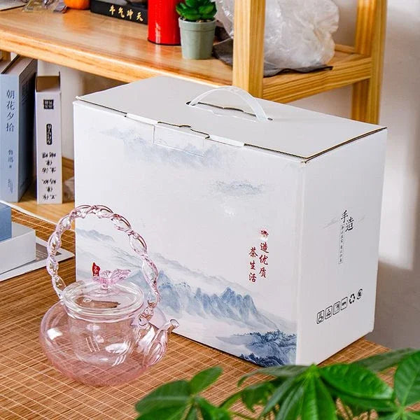 Tea Pot Pink Butterfly High Borosilicate Transparent Glass Beam Pot Clay Stove Tea Kettle Tea Cup