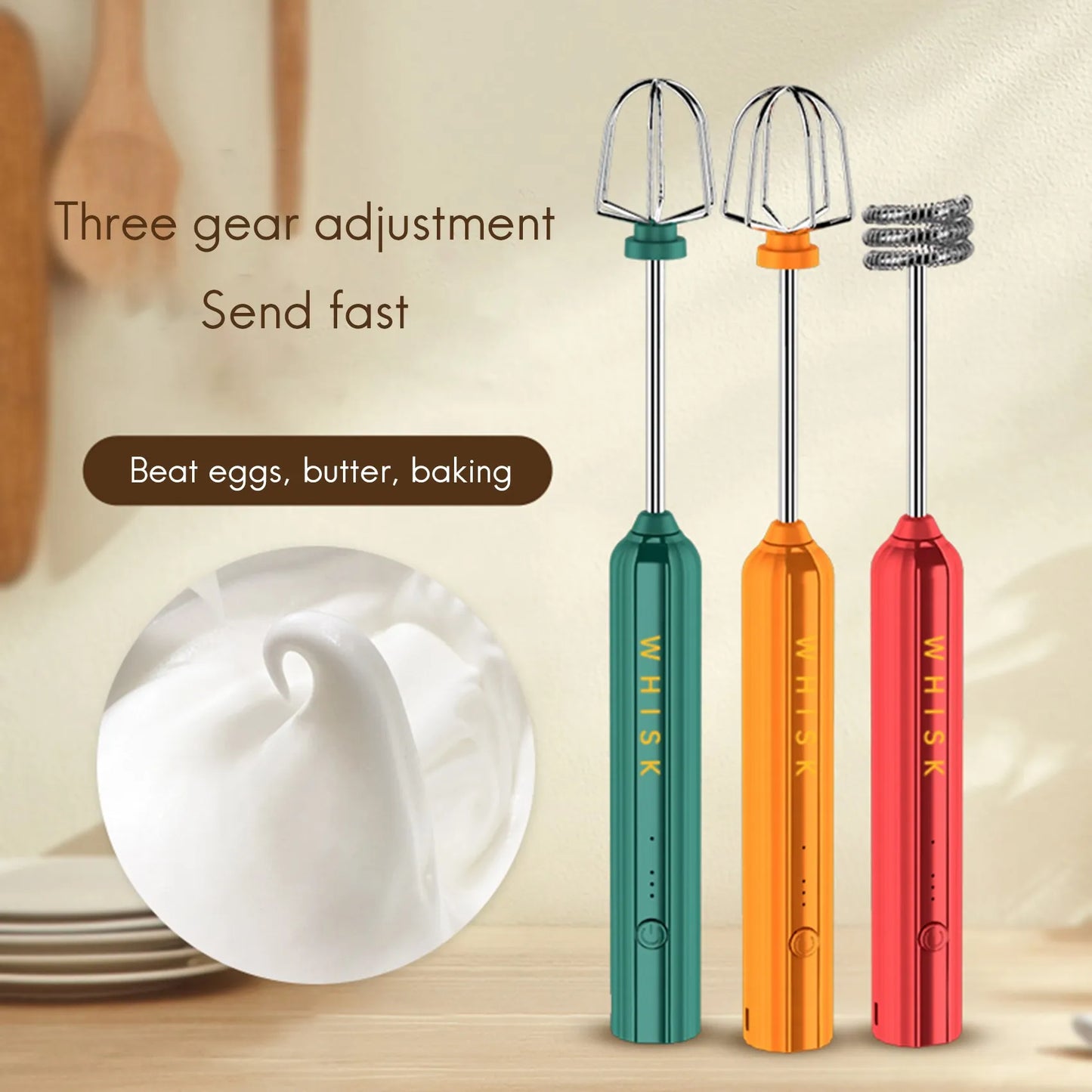 USB Rechargeable Electric Whisk Egg Beater Handheld Coffee Blender Household Milk Shaker Mixer Frother Foamer Green