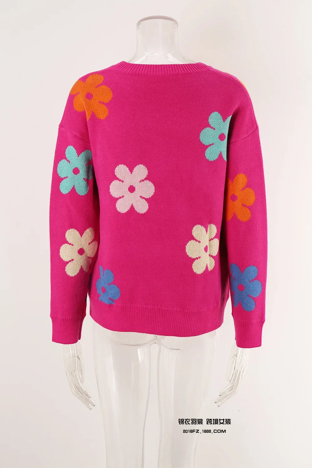 Spell Color Flower Round Collar Pullover Knitted Sweater