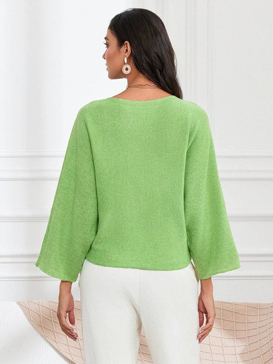 Women Loose Knit Sweater Sweet Flower Embroidered Long Sleeve Boat Neck Pullovers Spring Fall Casual Jumpers Tops