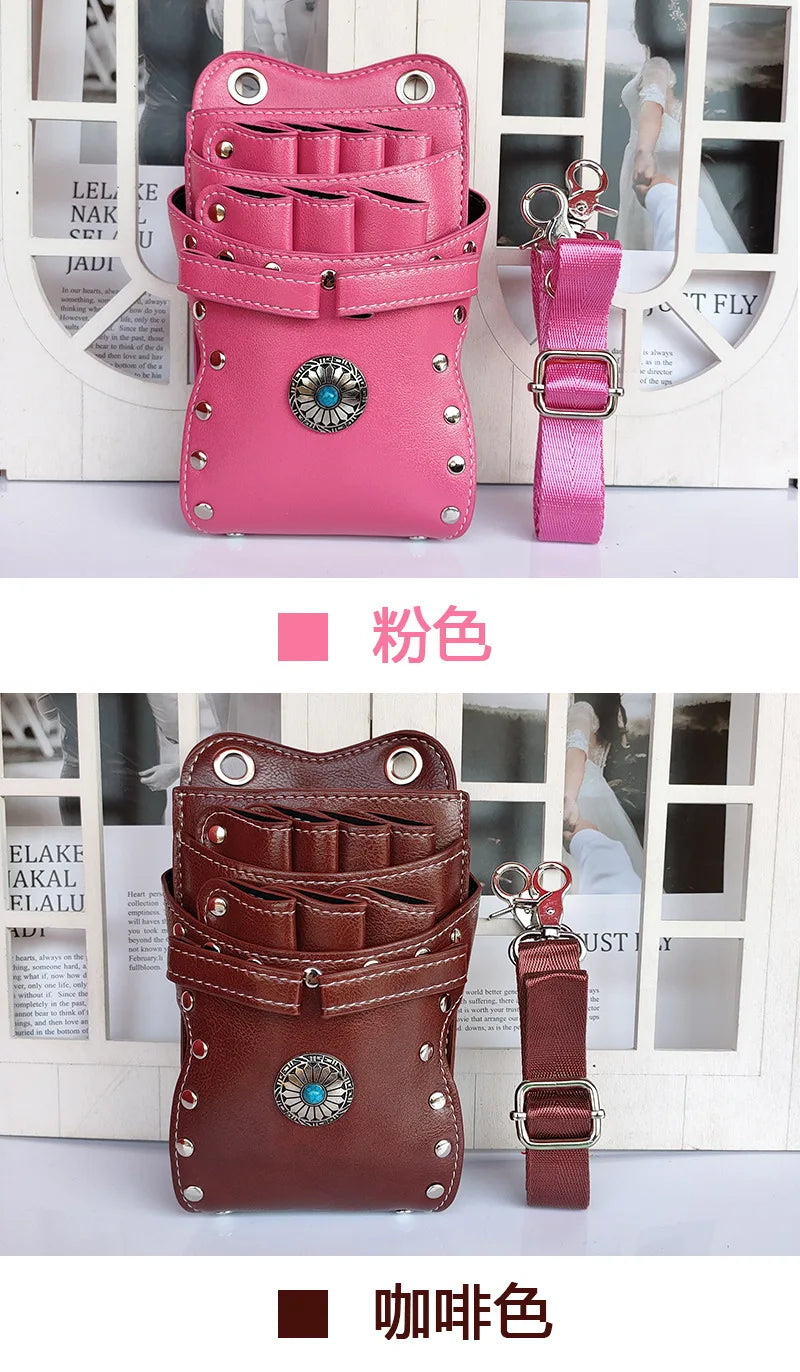 Hairdresser Scissors Pouch Salon Barber Hairdressing Holster Hair Stylist Tools Bags Comb Shear Waist Shoulder Belt Case PU Pink