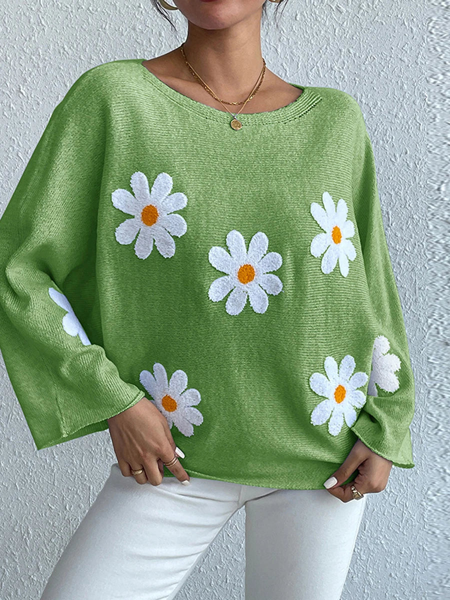Women Loose Knit Sweater Sweet Flower Embroidered Long Sleeve Boat Neck Pullovers Spring Fall Casual Jumpers Tops