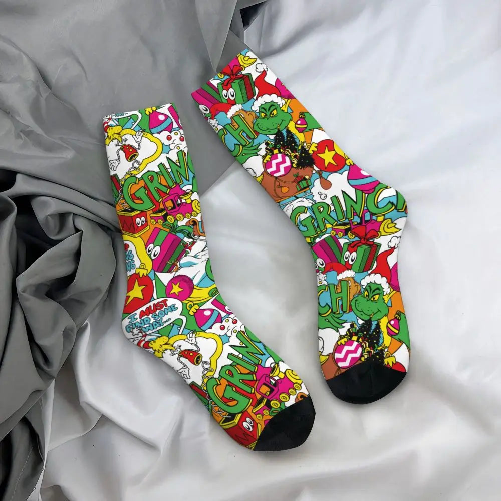 Novelty Christmas-S-Green-S-Grinching Socks Men's Women's Fashion Socks Spring Summer Autumn Winter Middle Tube Socks Gift