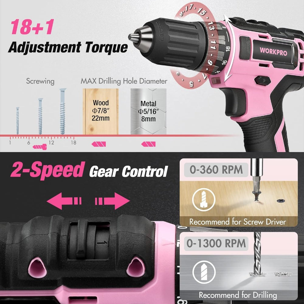 Pink Household Tool Kit with Drill, 157PCS Tool Set with 20V Cordless Lithium-ion Drill Driver, Home Tool Kit for All Purpose