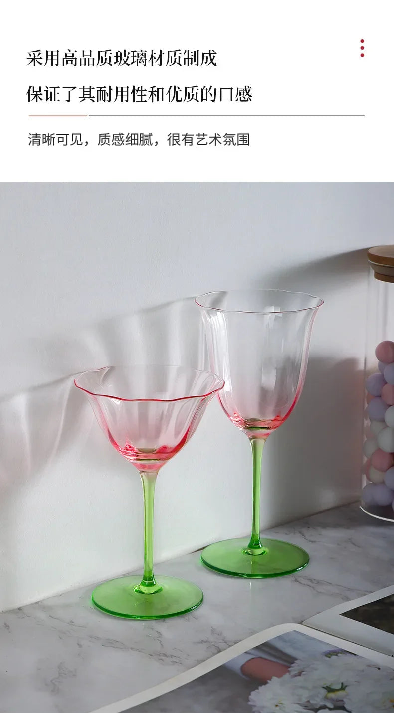 French Floral Cocktail Glass Household Luxury Retro Flower Red Wine Goblet Crystal Glass Pink Green Champagne Cup Cocktail Cup