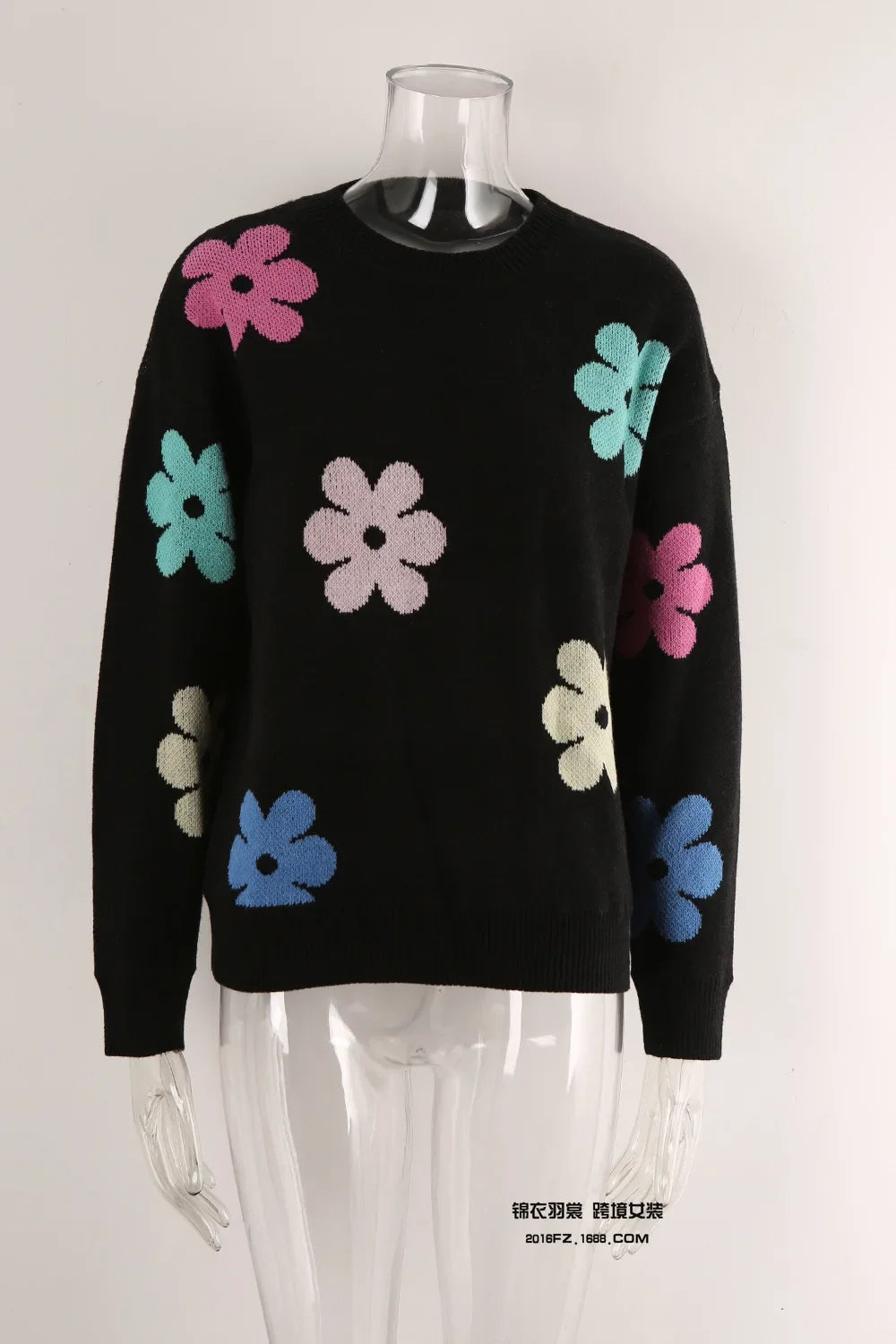 Spell Color Flower Round Collar Pullover Knitted Sweater