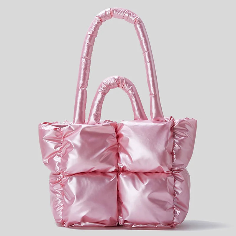 Fashion Fluorescent Green Padded Women Shoulder Bags Designer Quilted Handbags Luxury Laser Nylon Large Capacity Tote Bag Winter