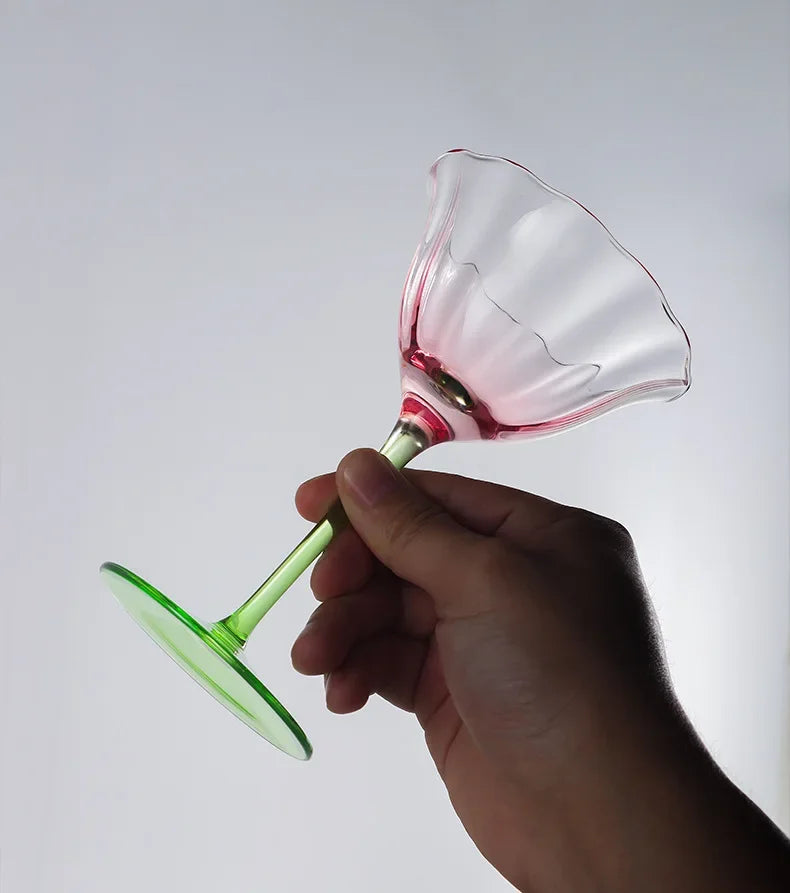 French Floral Cocktail Glass Household Luxury Retro Flower Red Wine Goblet Crystal Glass Pink Green Champagne Cup Cocktail Cup