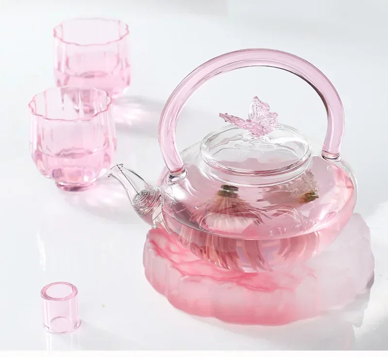 Tea Pot Pink Butterfly High Borosilicate Transparent Glass Beam Pot Clay Stove Tea Kettle Tea Cup