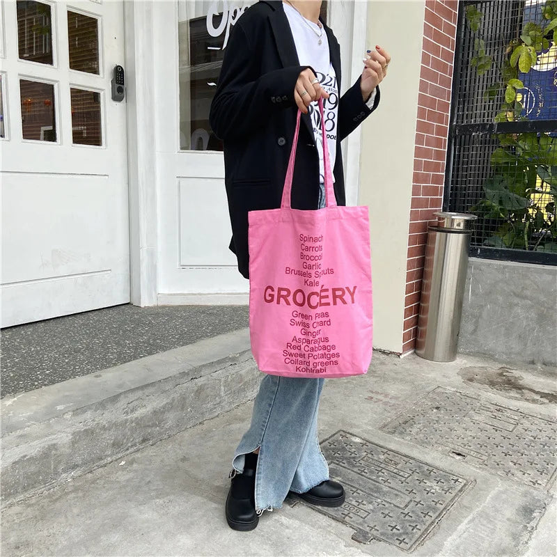 Rose Pink Women Canvas Shoulder Bag Eco Reusable Ladies Daily Shopping Bags Thin Cloth Female Girls Summer Beach Tote Handbags