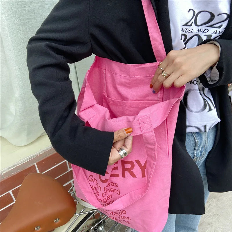 Rose Pink Women Canvas Shoulder Bag Eco Reusable Ladies Daily Shopping Bags Thin Cloth Female Girls Summer Beach Tote Handbags