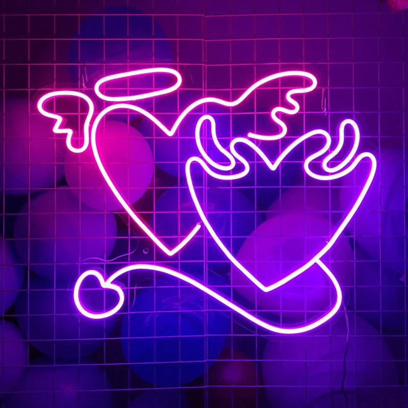 Angel and Demon in Love Heart Neon Sign