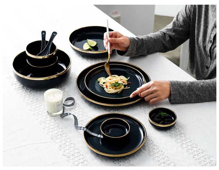 Pink Black Gold Inlay  Ceramic Dinner Plate Tableware Porcelain Bulk Serving Dishes Home Wedding Decorative Dinnerware
