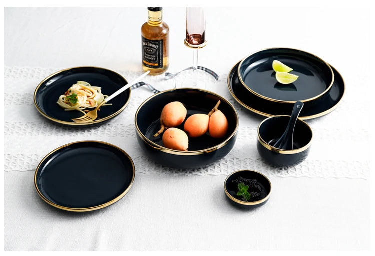 Pink Black Gold Inlay  Ceramic Dinner Plate Tableware Porcelain Bulk Serving Dishes Home Wedding Decorative Dinnerware