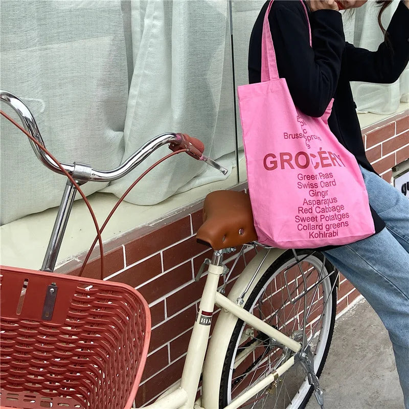 Rose Pink Women Canvas Shoulder Bag Eco Reusable Ladies Daily Shopping Bags Thin Cloth Female Girls Summer Beach Tote Handbags