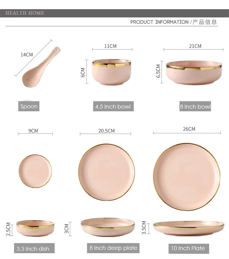Pink Black Gold Inlay  Ceramic Dinner Plate Tableware Porcelain Bulk Serving Dishes Home Wedding Decorative Dinnerware