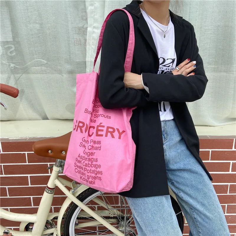 Rose Pink Women Canvas Shoulder Bag Eco Reusable Ladies Daily Shopping Bags Thin Cloth Female Girls Summer Beach Tote Handbags
