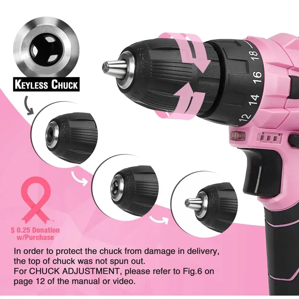 Cordless Drill Driver 12V Pink Hand Tool Set 18 1 Torque Adjustment Lithium-ion Battery 177 in-lbs Torque Portable Storage Bag