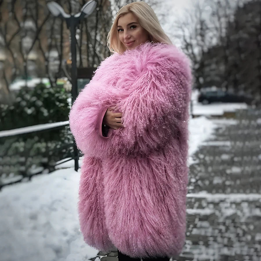 Ladies Sheep Skin Coat For Women Mongolia Sheep Fur Coats Pink Sheepskin Coat Winter Fashion Lamb Coats
