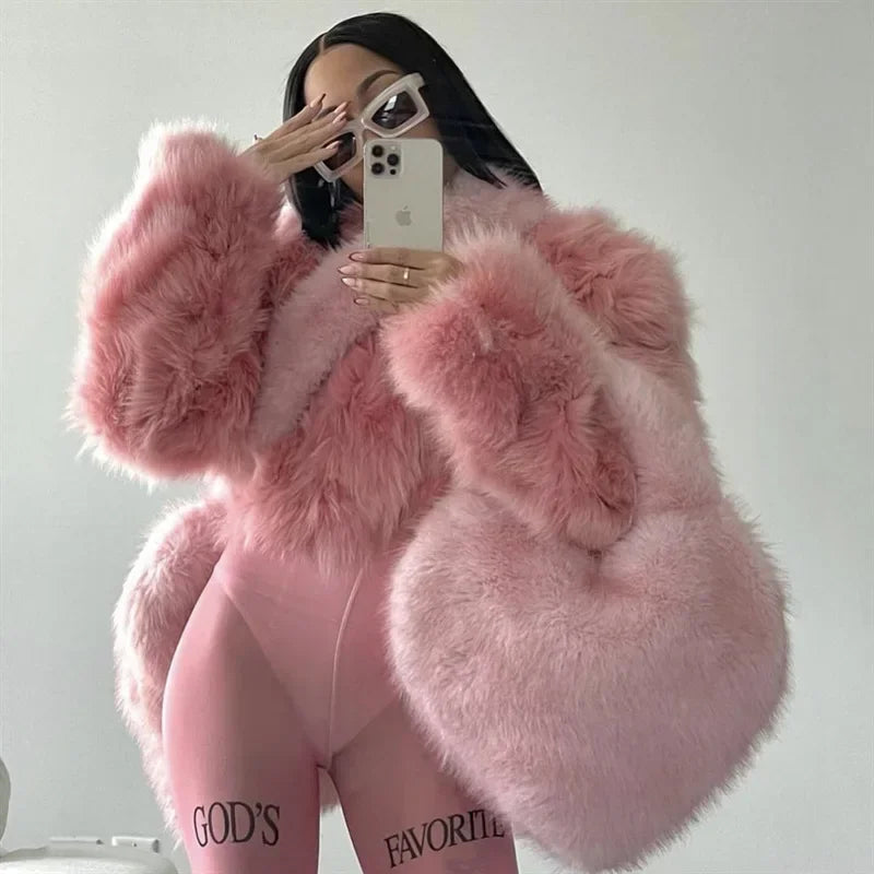 Love Heart Female Pink Plush Handbags Large Capacity Women's Faux Fur Crossbody Bag Tote Y2k Hot Girls Fluffy Shoulder Bags