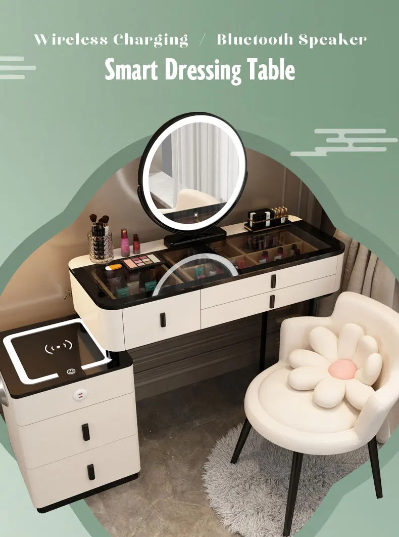 Multifunction Wireless Charging Princess Dressing Table Convertible Bedroom Smart Makeup Vanity With LED Mirror