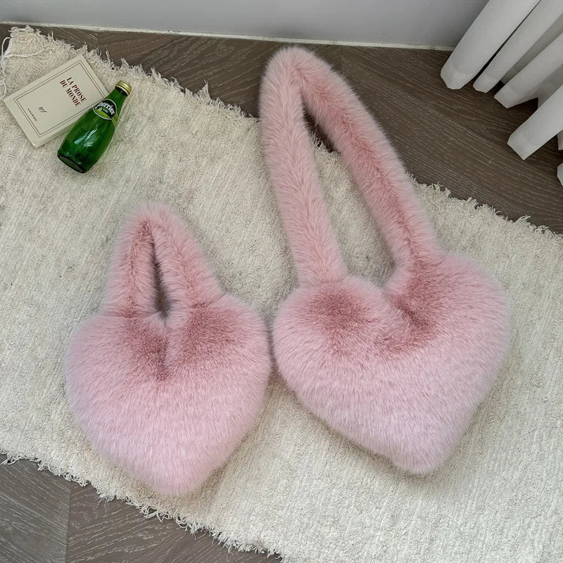 Love Heart Female Pink Plush Handbags Large Capacity Women's Faux Fur Crossbody Bag Tote Y2k Hot Girls Fluffy Shoulder Bags