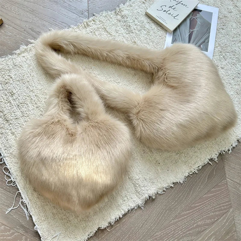 Love Heart Female Pink Plush Handbags Large Capacity Women's Faux Fur Crossbody Bag Tote Y2k Hot Girls Fluffy Shoulder Bags