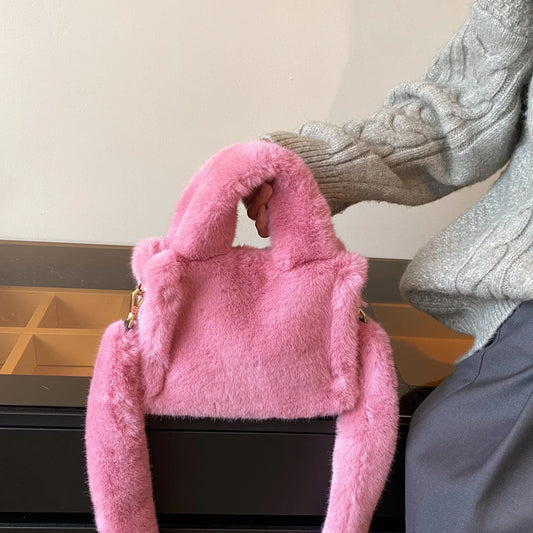 Pink Handbag Plush Bag For Women 2024 Winter Soft Fluffy Shoulder Crossbody Bag Lady Designer Luxury Faux Fur Evening Bag Tote