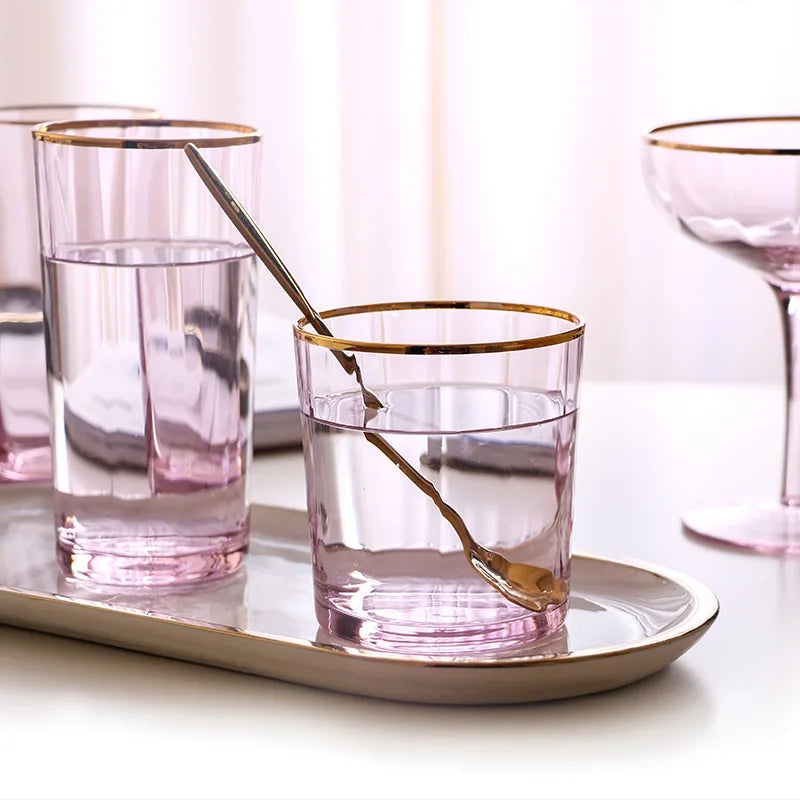 Nordic Creative Pink Cocktail Glass Lead-Free Crystal Home Champagne Wine Glasses Set Goblet Juice Water Cup Golden Edge Kettle