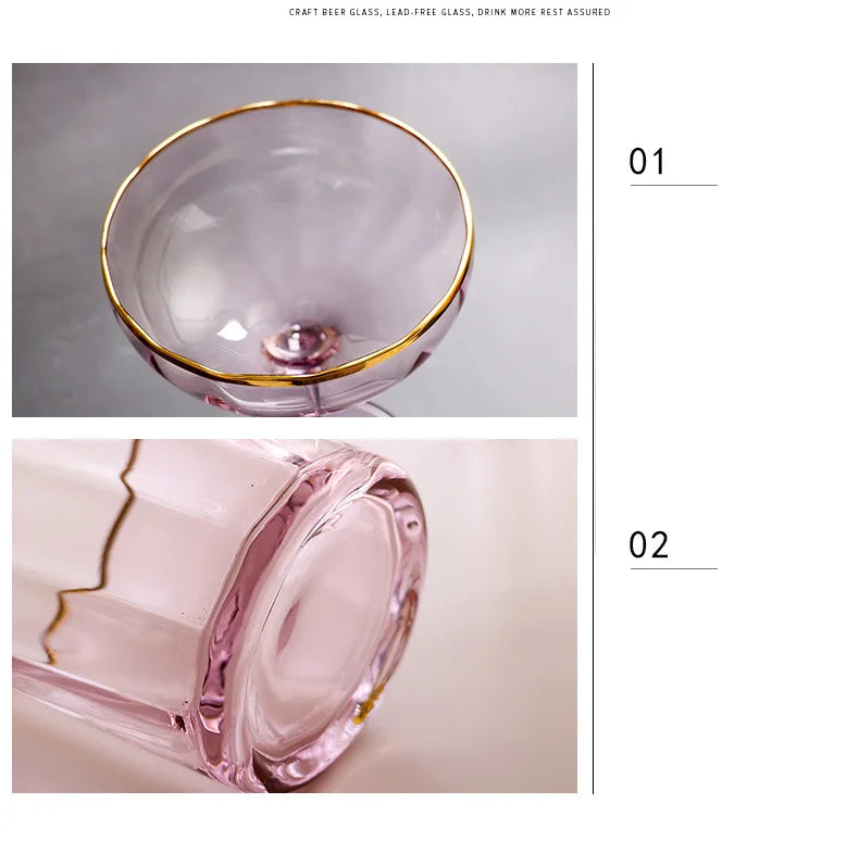 Nordic Creative Pink Cocktail Glass Lead-Free Crystal Home Champagne Wine Glasses Set Goblet Juice Water Cup Golden Edge Kettle