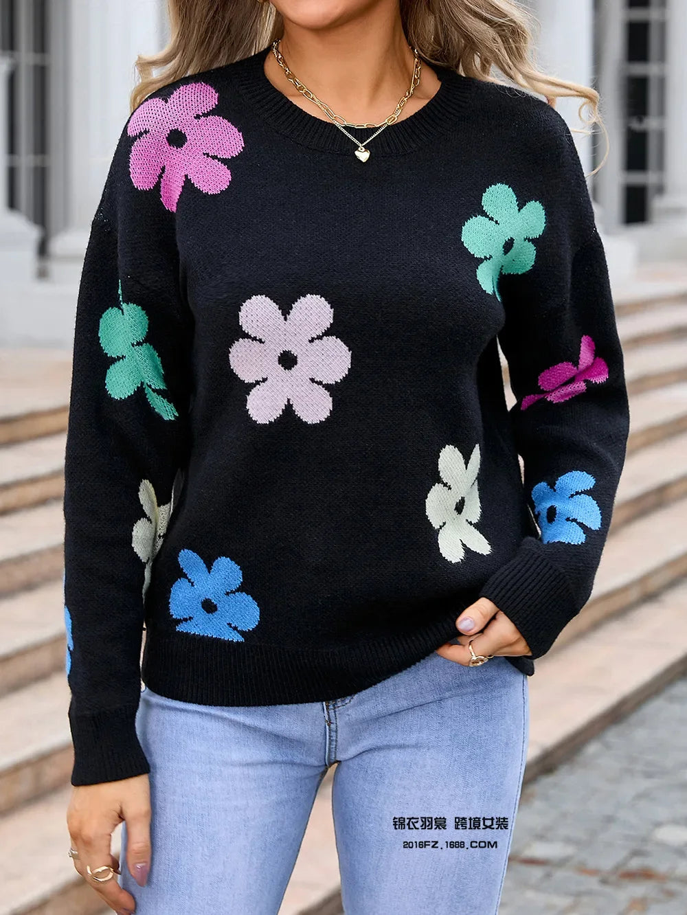 Spell Color Flower Round Collar Pullover Knitted Sweater