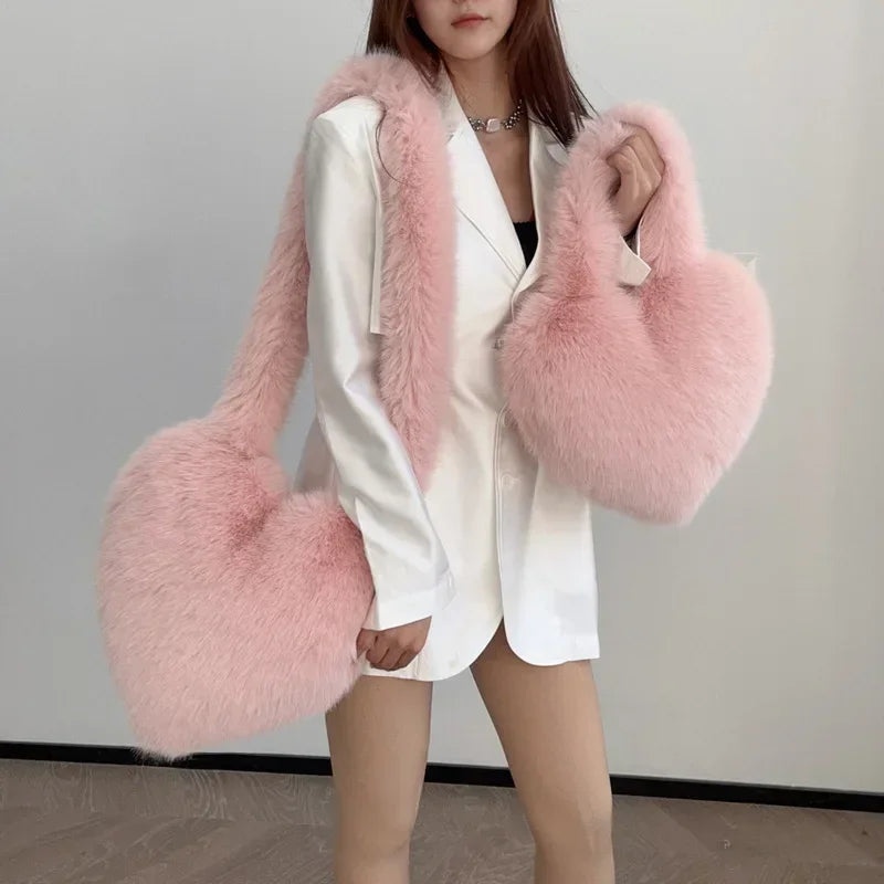 Love Heart Female Pink Plush Handbags Large Capacity Women's Faux Fur Crossbody Bag Tote Y2k Hot Girls Fluffy Shoulder Bags