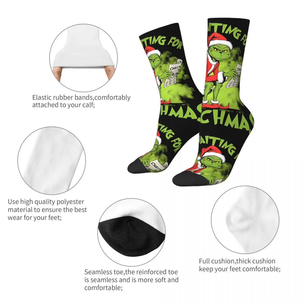 Unisex Men Socks Christmas-S-Green-S-Grinching Just Waiting for Christmas Stockings Winter Kawaii Socks Climbing Non Skid Socks