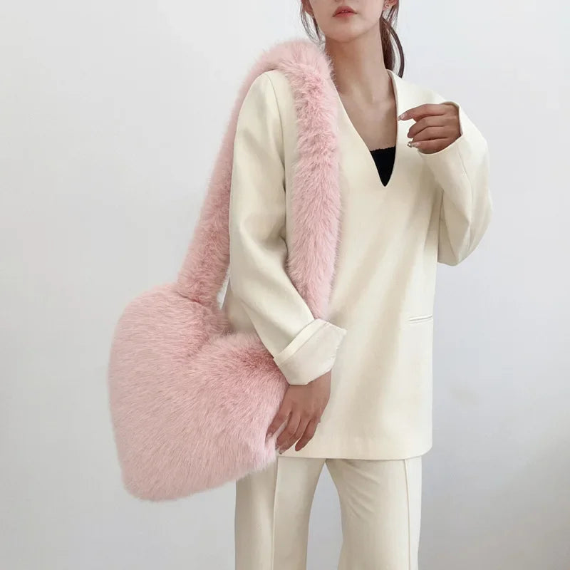 Love Heart Female Pink Plush Handbags Large Capacity Women's Faux Fur Crossbody Bag Tote Y2k Hot Girls Fluffy Shoulder Bags