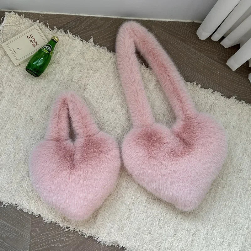 Love Heart Female Pink Plush Handbags Large Capacity Women's Faux Fur Crossbody Bag Tote Y2k Hot Girls Fluffy Shoulder Bags