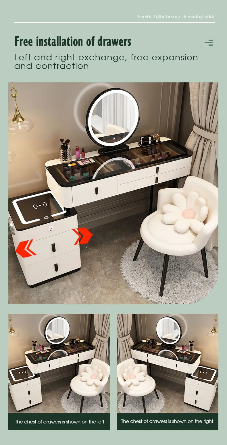 Multifunction Wireless Charging Princess Dressing Table Convertible Bedroom Smart Makeup Vanity With LED Mirror