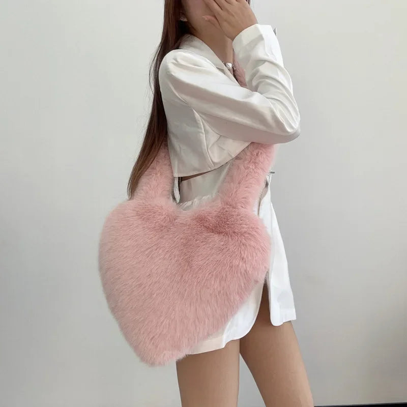 Love Heart Female Pink Plush Handbags Large Capacity Women's Faux Fur Crossbody Bag Tote Y2k Hot Girls Fluffy Shoulder Bags