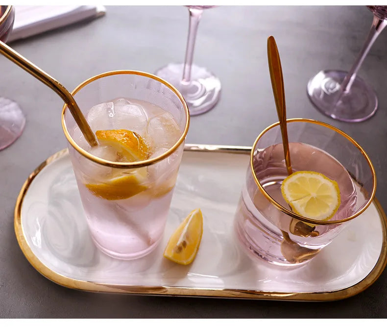 Nordic Creative Pink Cocktail Glass Lead-Free Crystal Home Champagne Wine Glasses Set Goblet Juice Water Cup Golden Edge Kettle