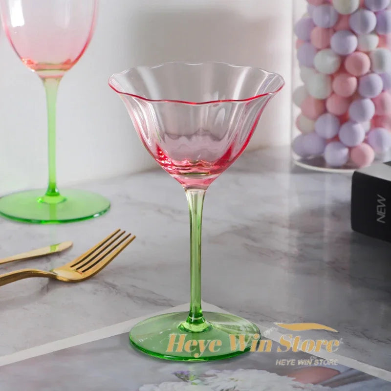 French Floral Cocktail Glass Household Luxury Retro Flower Red Wine Goblet Crystal Glass Pink Green Champagne Cup Cocktail Cup